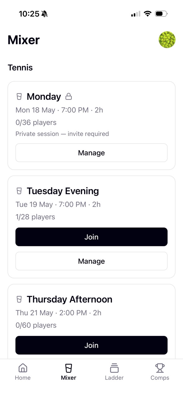 Rallio Mixer screen — a club’s tennis sessions list with Join and Manage actions.