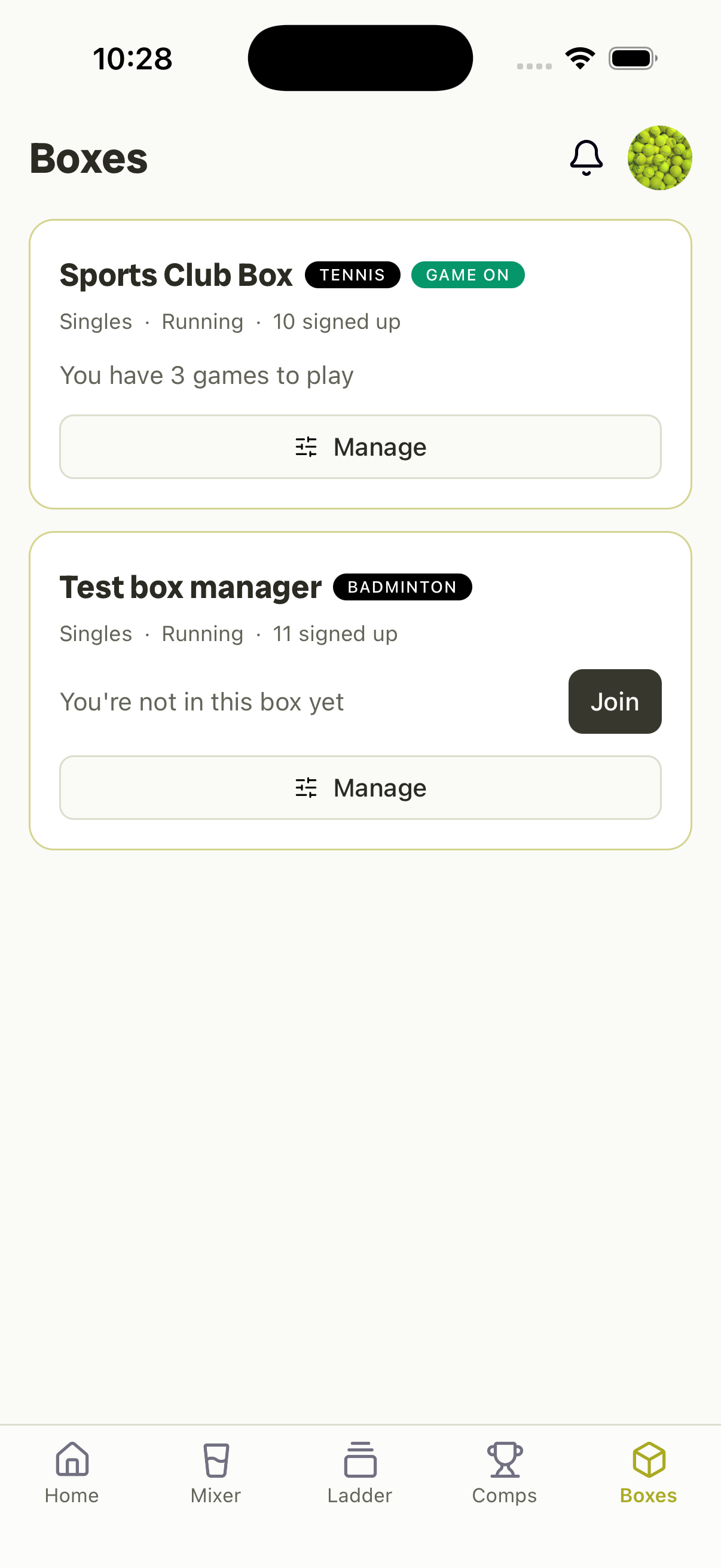 Rallio Boxes tab — your box leagues with games left to play this window.