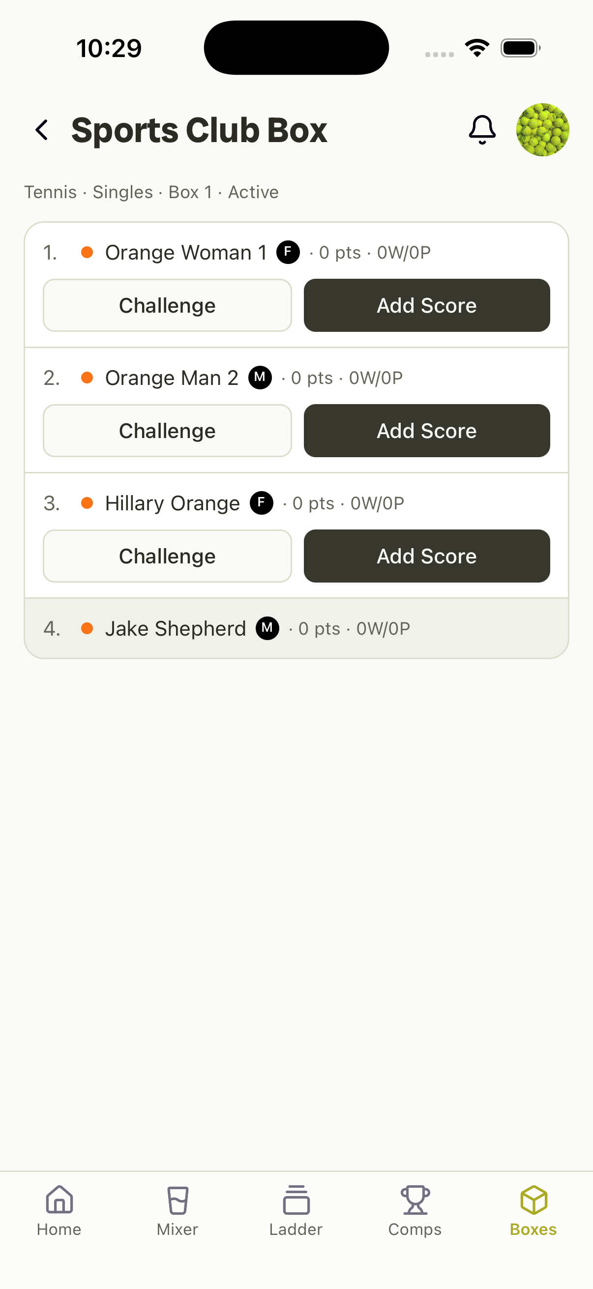 Box standings — points and games played per player, with challenge and add-score actions.
