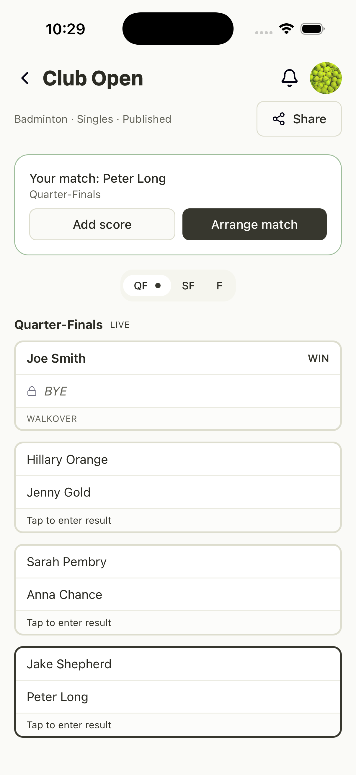 A live knockout bracket — quarter-finals with walkovers handled and tap-to-enter results.