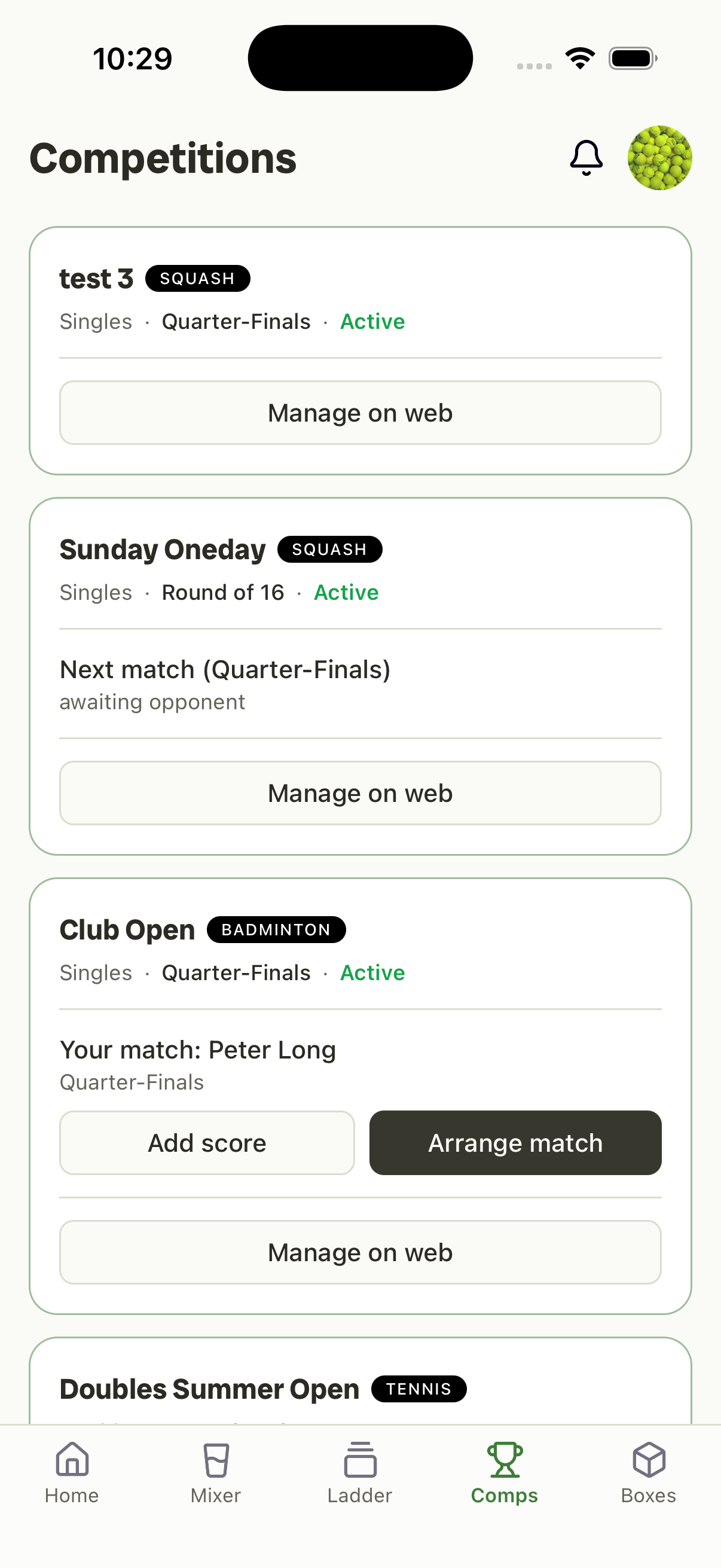 Rallio Comps tab — competition cards with round status, your next match, and score actions.