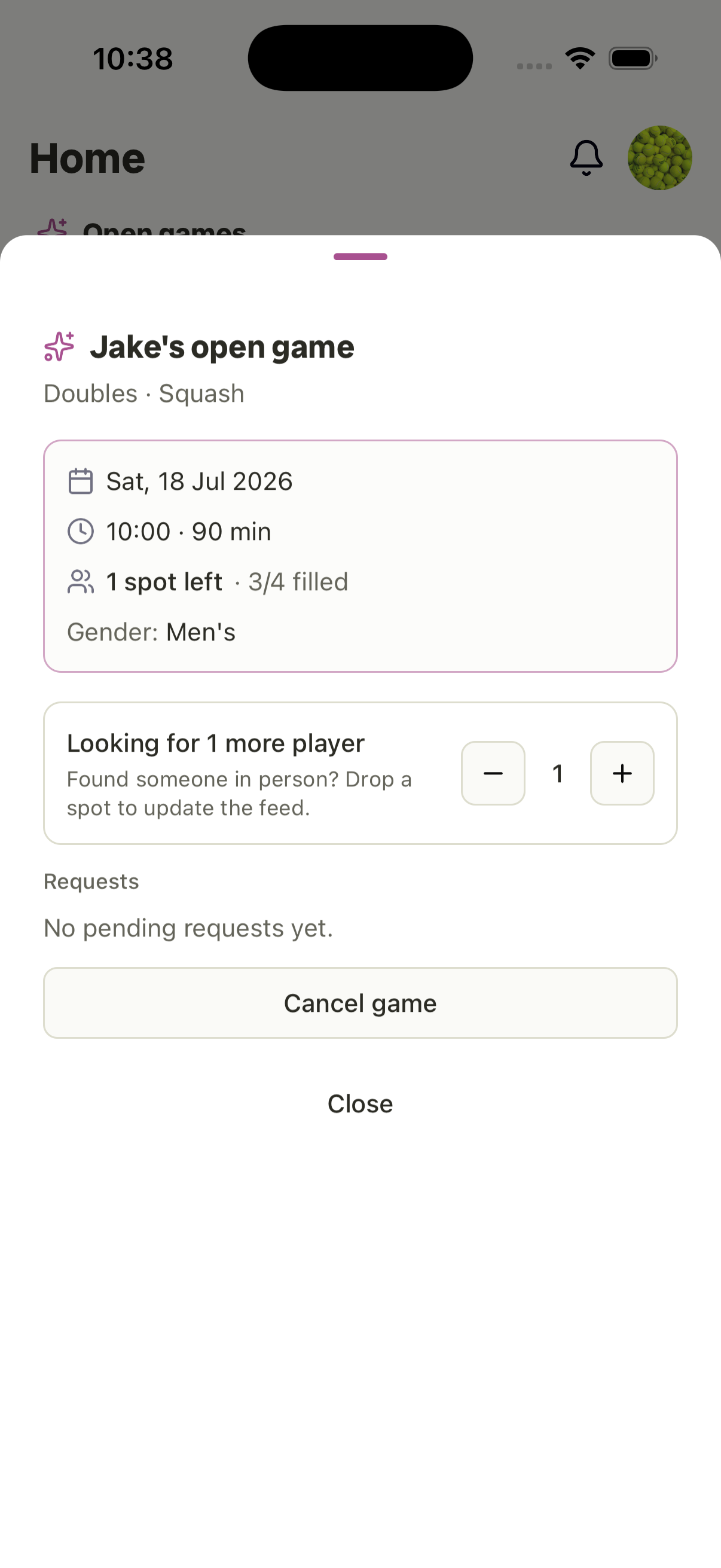 Your open game — date, time, spots filled, join requests, and spot adjustment.