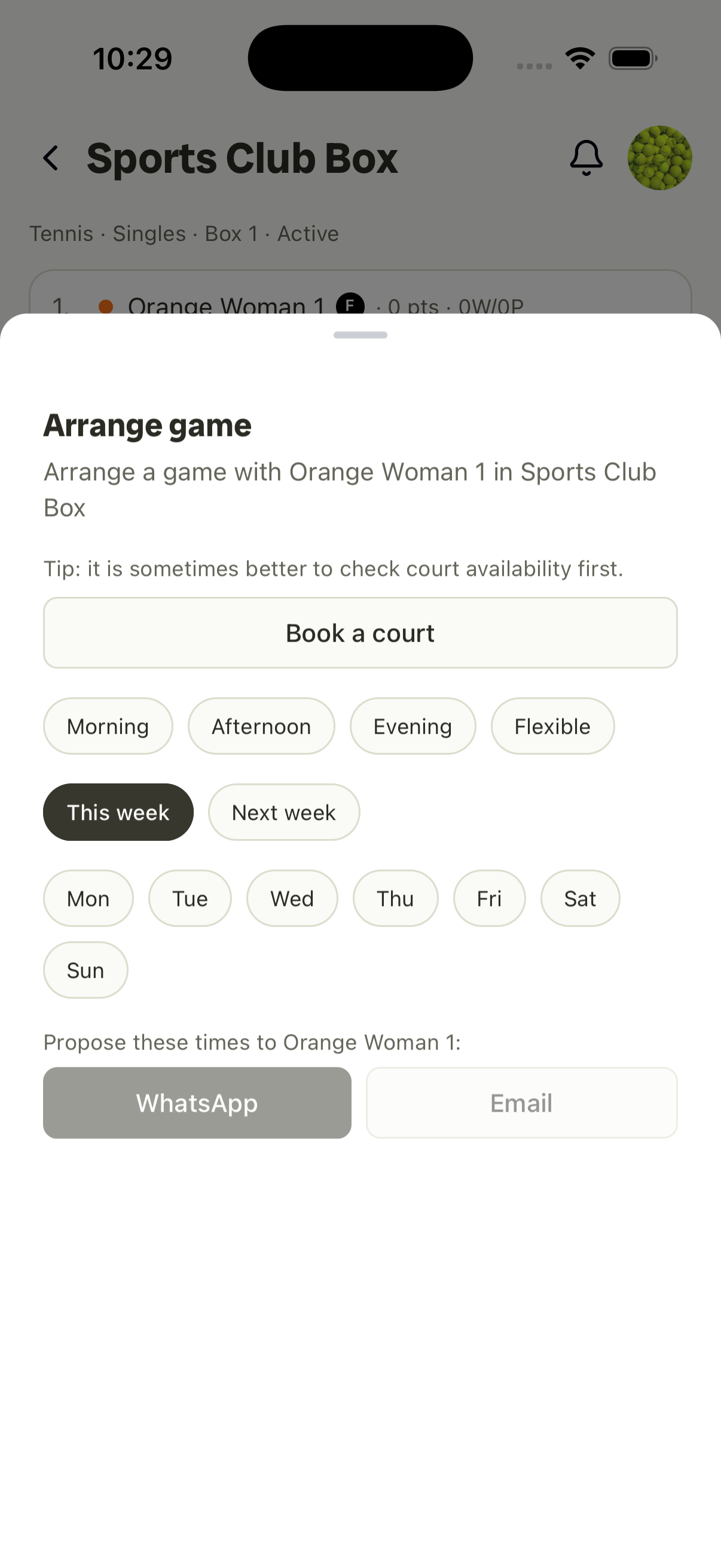 Arrange game sheet — book a court, pick times and days, propose via WhatsApp or email.