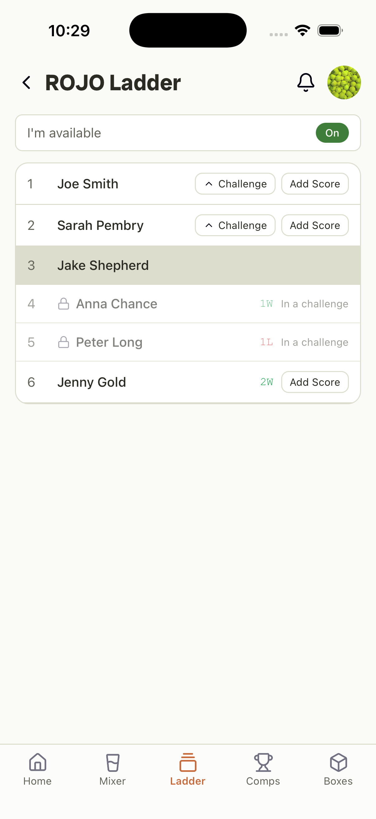 A ladder ranking — availability toggle, challenge and add-score actions, win/loss badges.