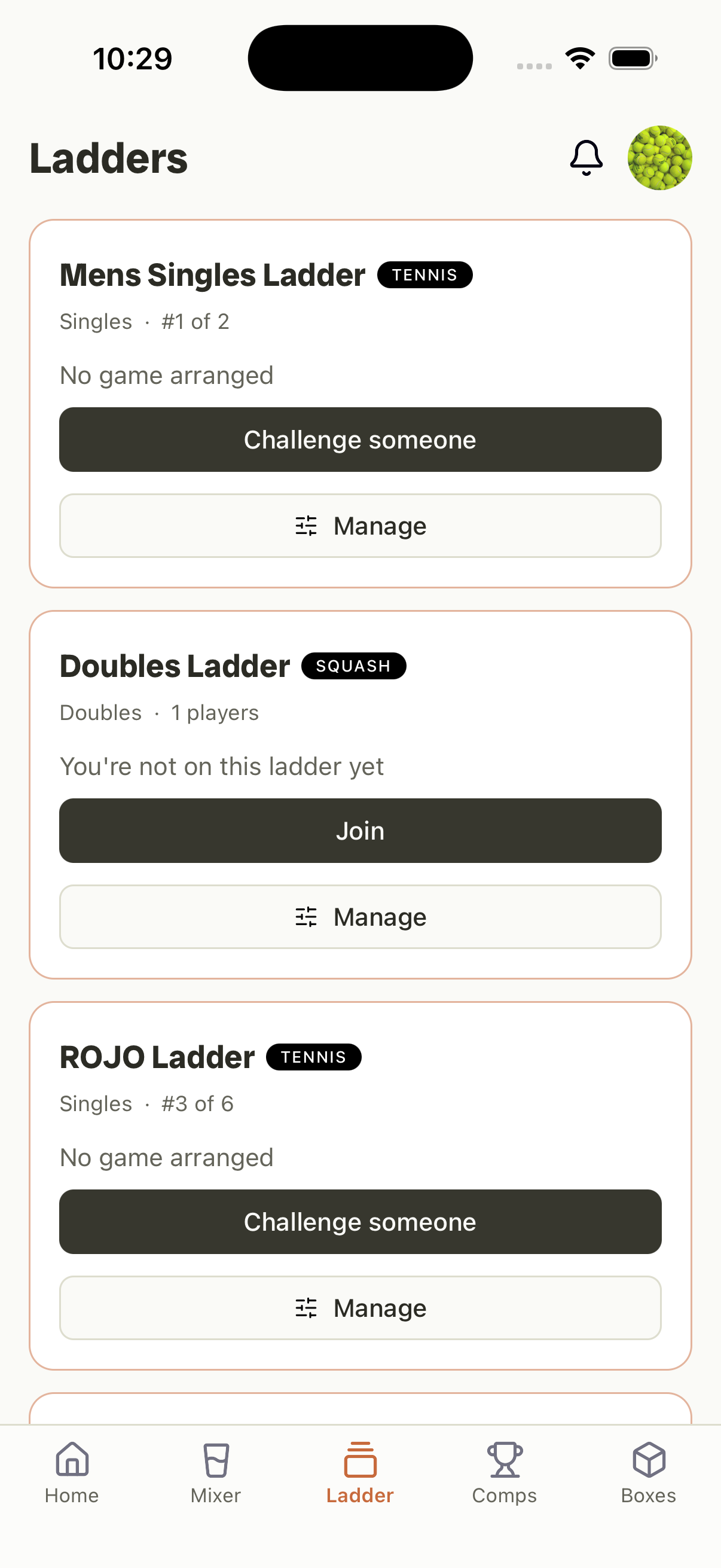 Rallio Ladder tab — your ladders with rank position and a Challenge someone button.