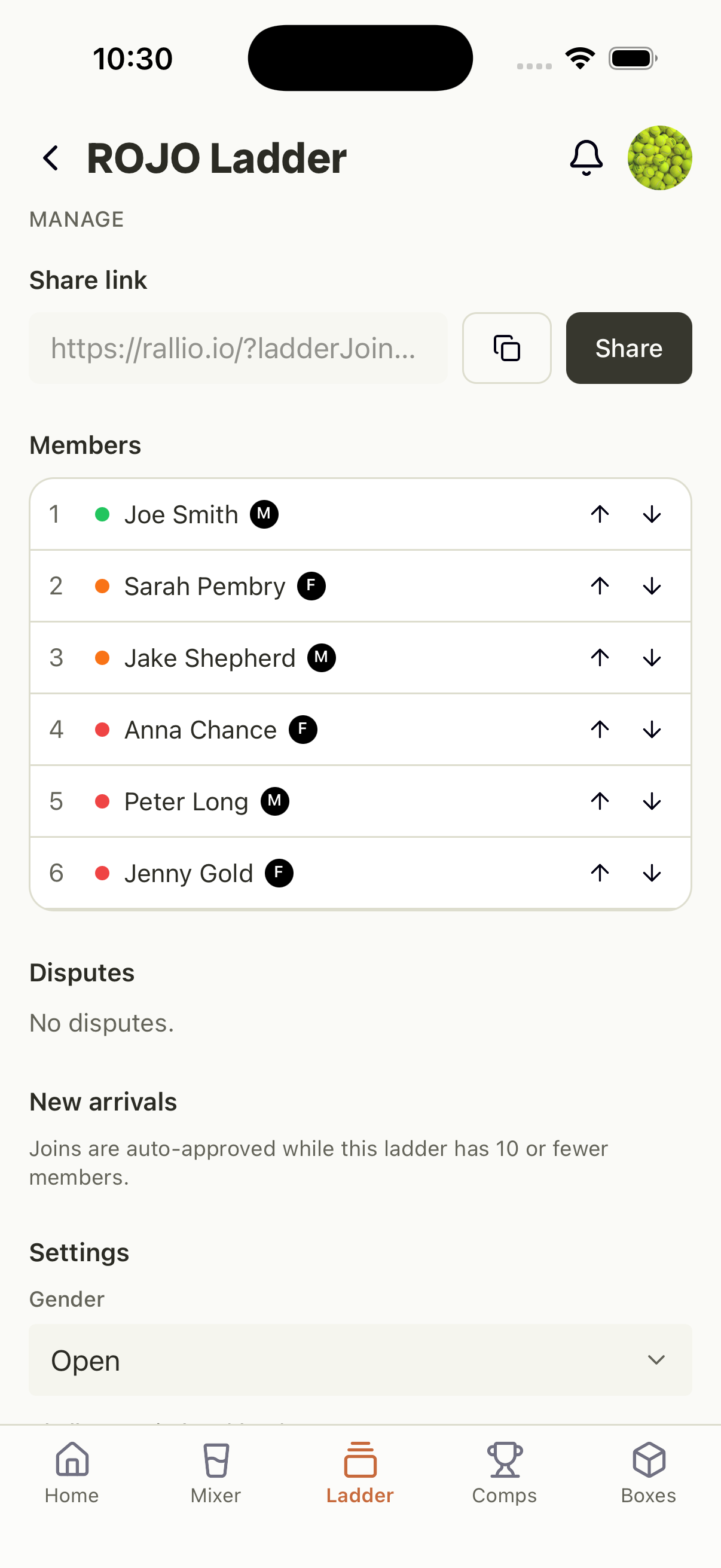 Ladder manager view — share link, reorderable members, disputes and join settings.