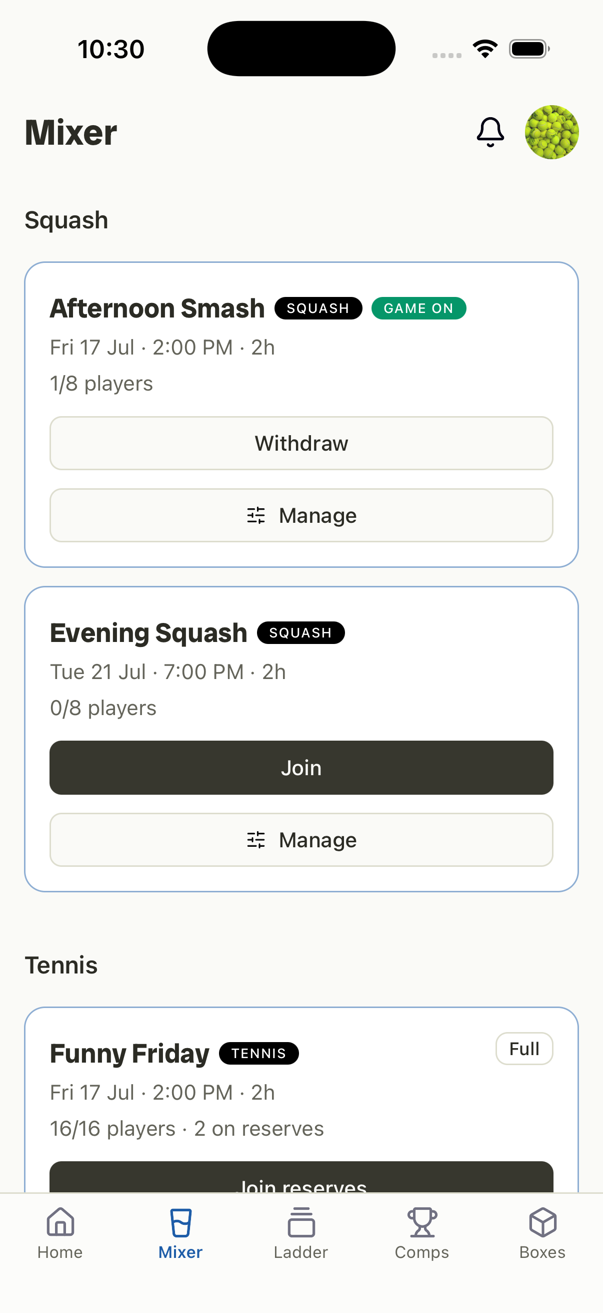 Rallio Mixer tab — session cards per sport with Join, Withdraw and Manage actions.